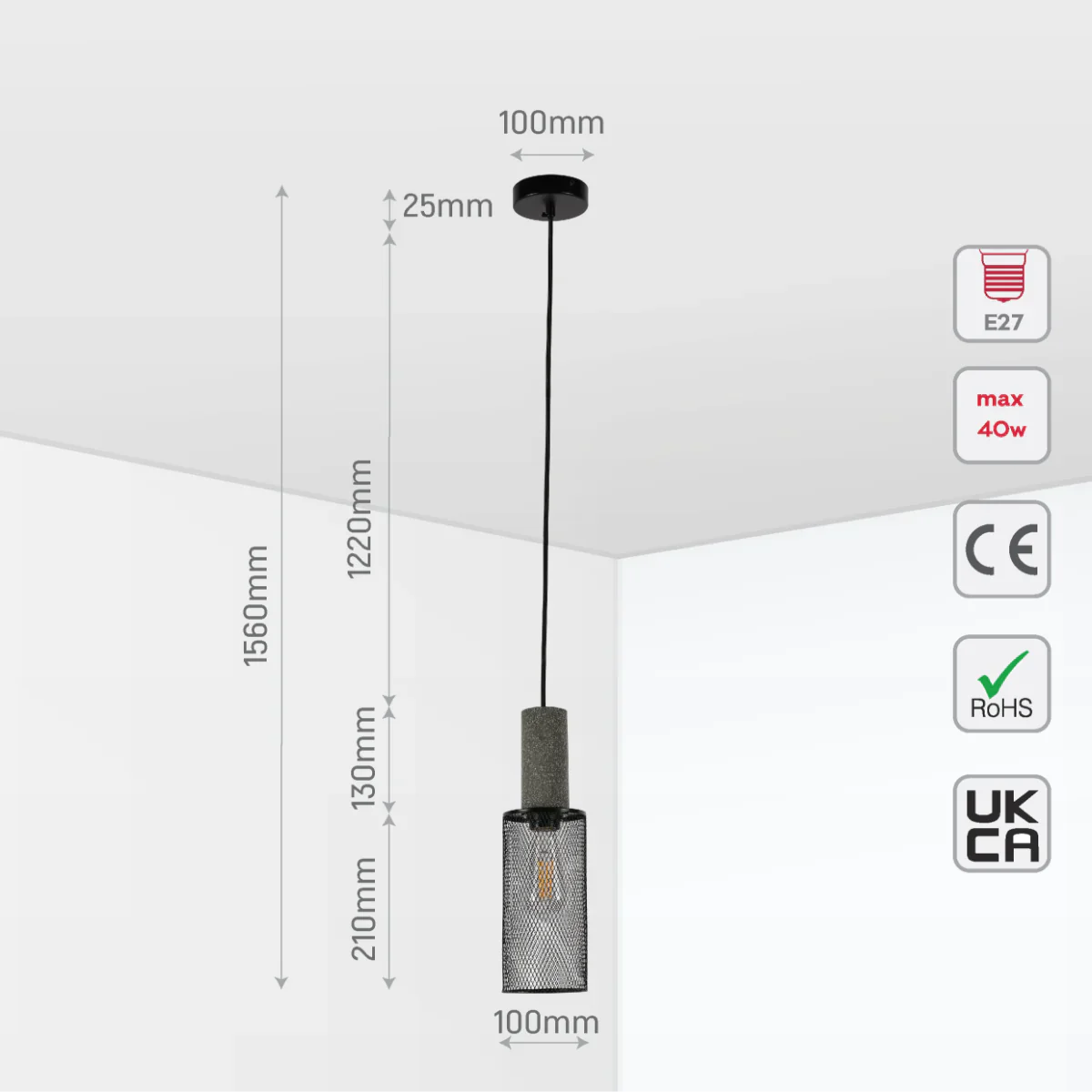 Size and certifications of Quartet of Textured Concrete Pendant Lights with Metal Shades - TEKLED 150-19050