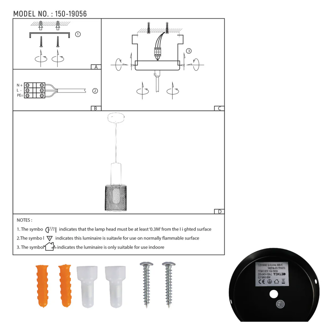 Technical specs of Quartet of Textured Concrete Pendant Lights with Metal Shades - TEKLED 150-19056