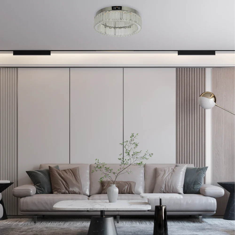 Ring Crystal Chrome Flush Ceiling Chandelier Light with Remote Control 3 Colour 7