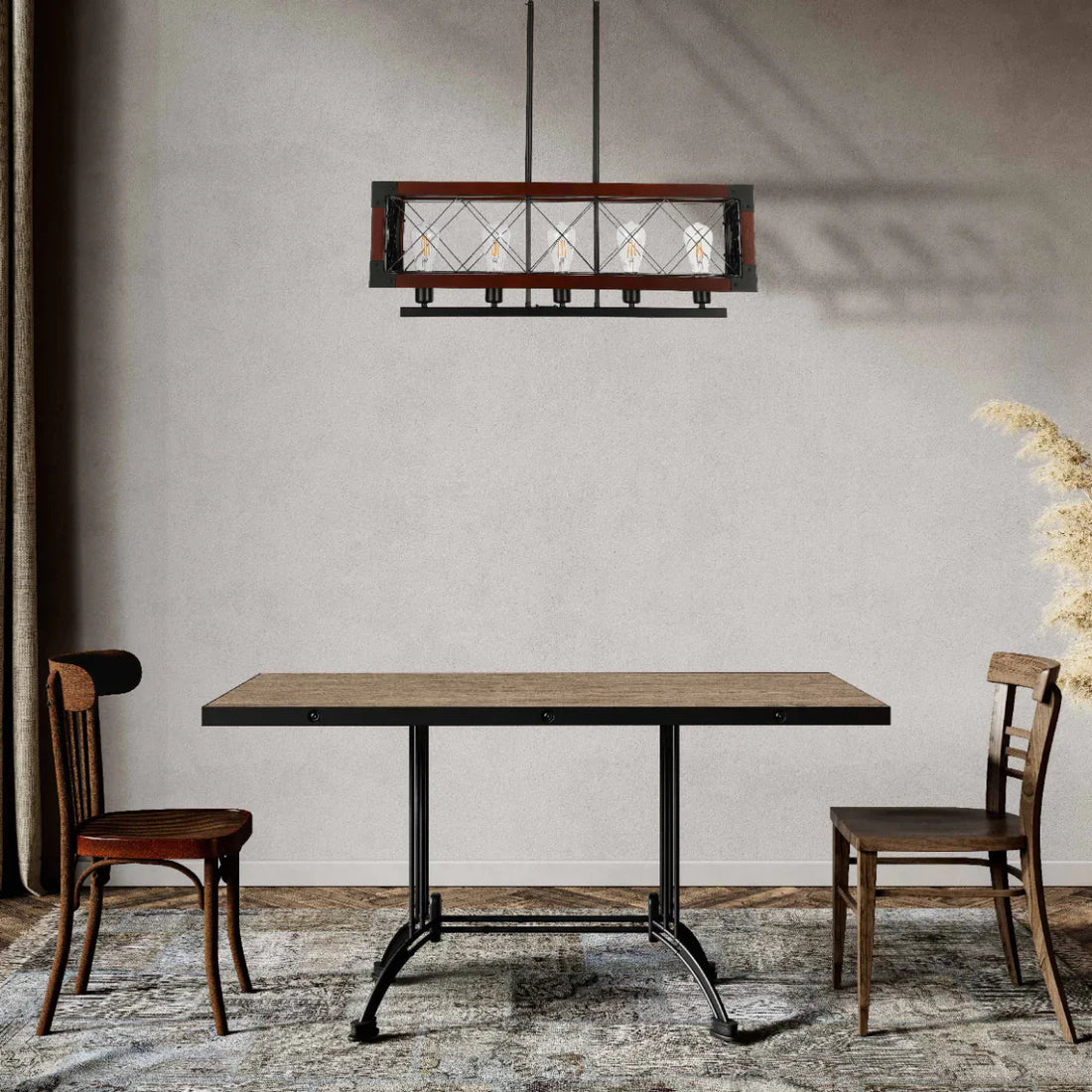 Rustic Rectangular Cage Chandelier - Wood Accent, 5-Light 150-19046 in play