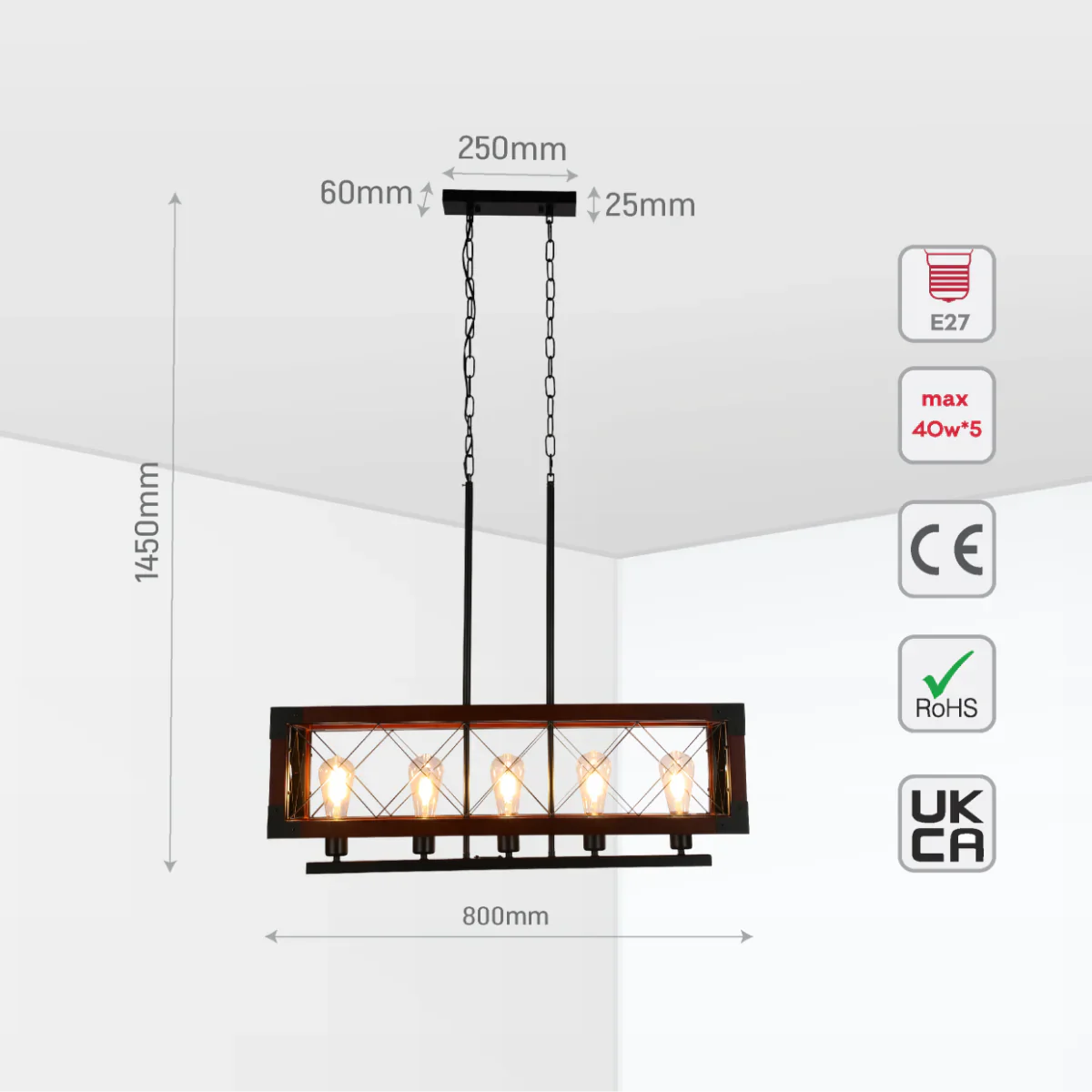 Size and certifications of Rustic Rectangular Cage Chandelier - Wood Accent, 5-Light 150-19046