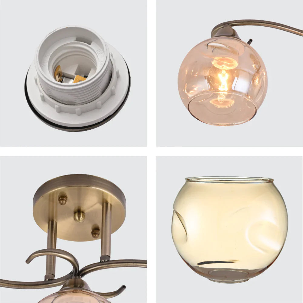 Details of S-Curve Antique Brass and Dimpled Amber Globe Light | TEKLED 159-179980