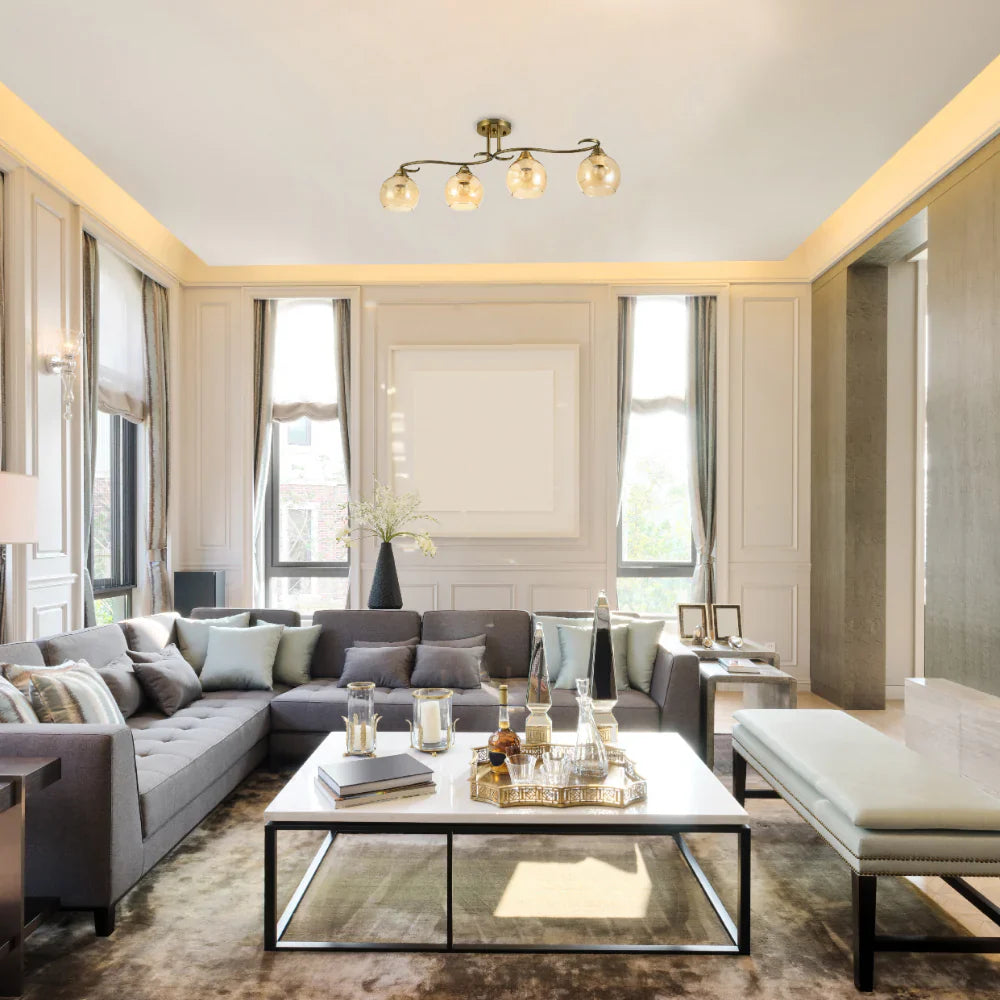 Interior use of S-Curve Antique Brass and Dimpled Amber Globe Light | TEKLED 159-179981