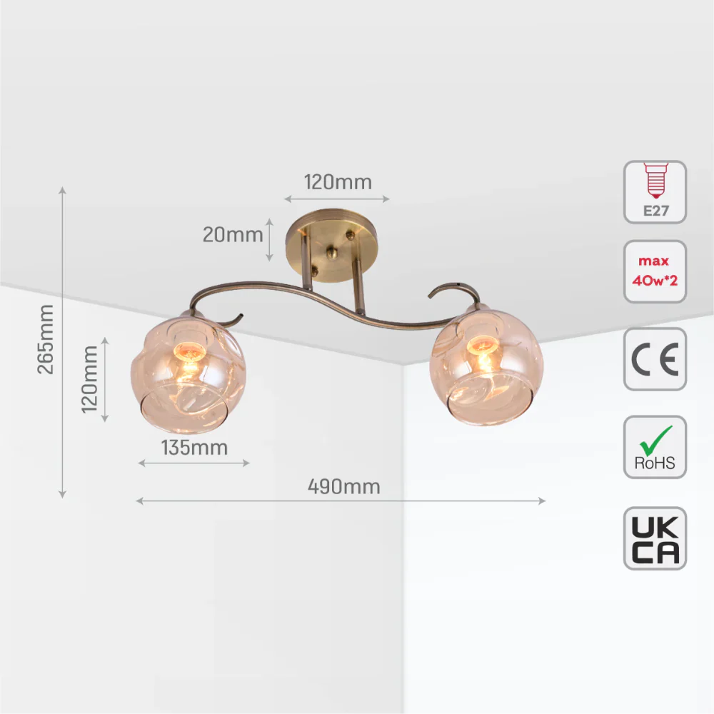 Size and tech specs of S-Curve Antique Brass and Dimpled Amber Globe Light | TEKLED 159-17998