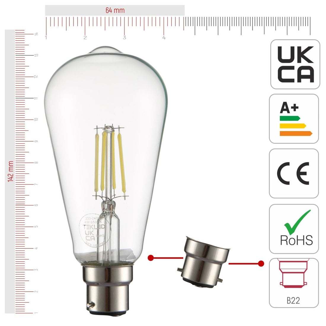 Size and certifications of LED Filament Bulb ST64 Edison B22 Bayonet Cap 4W 470lm Cool Daylight 6500K Clear Pack of 4 | TEKLED 583-150285