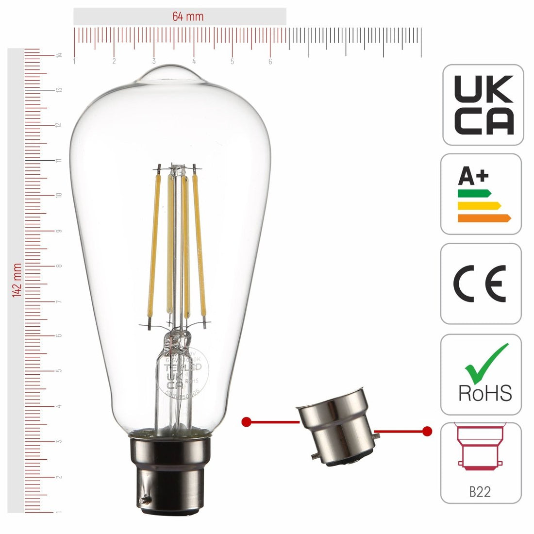 Size and certifications of LED Filament Bulb ST64 Edison B22 Bayonet Cap 6.5W 806lm Cool White 4000K Clear Pack of 4 | TEKLED 583-150305