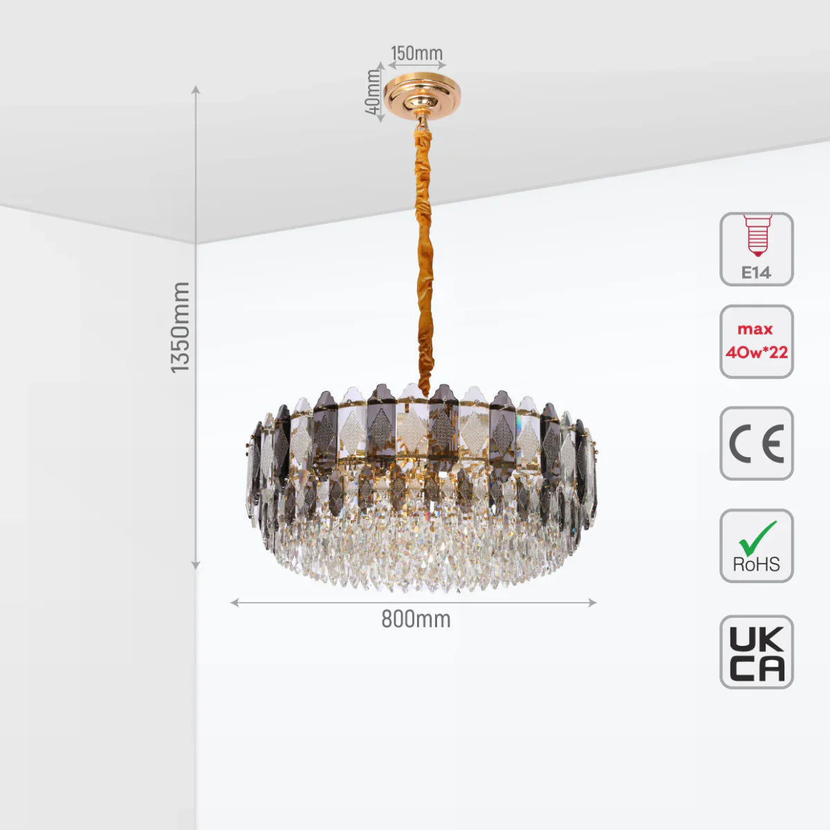 Size and certifications of Deluxe Smoky Clear Crystal Modern Chandelier Light Gold | TEKLED  159-18004