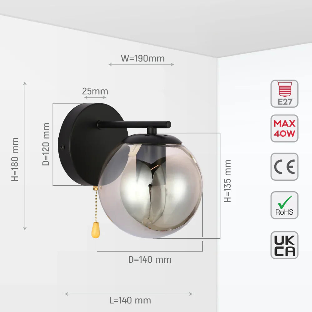 Elegant Globe Wall Light with Pull Down Switch - Smoky Glass 4