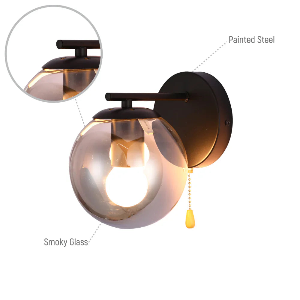 Elegant Globe Wall Light with Pull Down Switch - Smoky Glass 5
