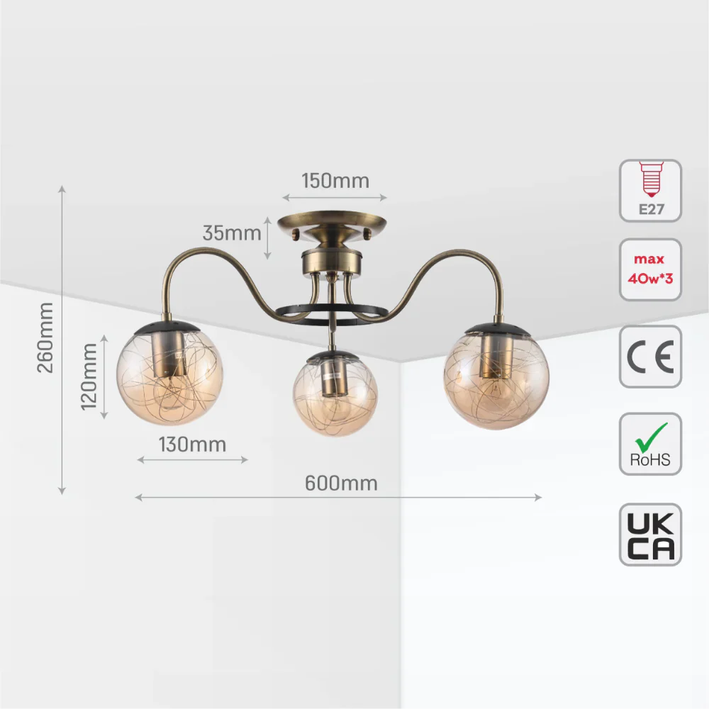Size and tech specs of Swan Neck Antique Brass & Amber Globe Light | TEKLED 159-17994