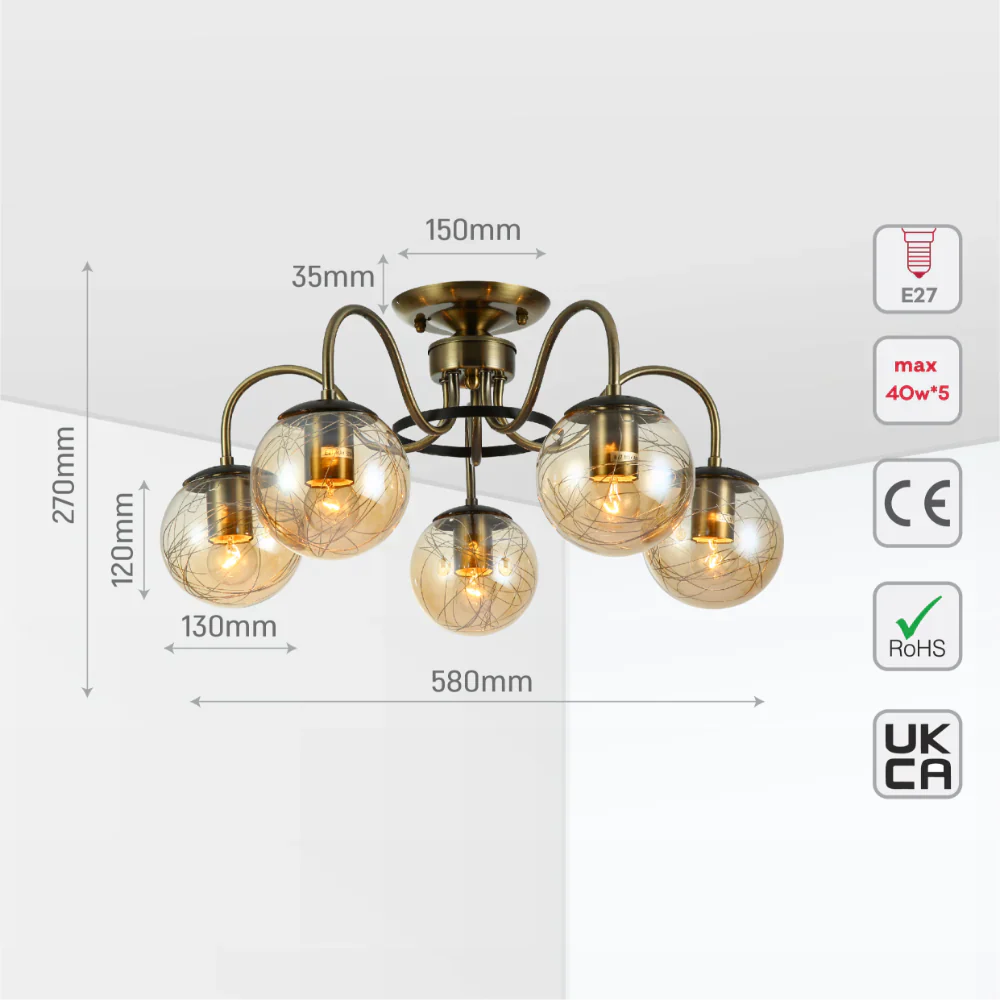 Size and tech specs of Swan Neck Antique Brass & Amber Globe Light | TEKLED 159-17995