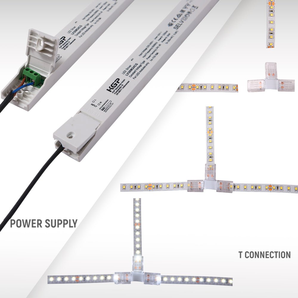 T connection of LED Strip Light 120pcs 2835 LED 5W 1A 24Vdc 10mm 5m IP20 3000K Warm White 4000K Cool White 6500K Cool Daylight | TEKLED 582-032721