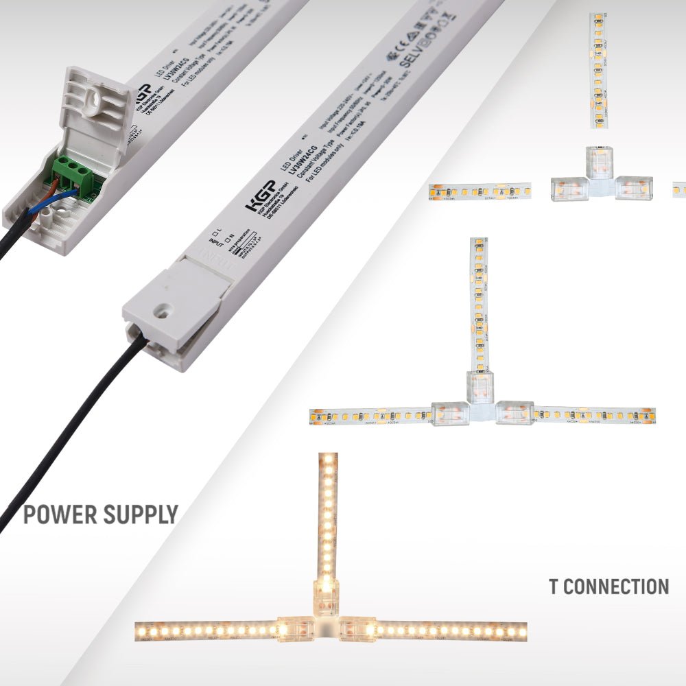 T connection of LED Strip Light 180pcs 2835 LED 10W 2A 24Vdc 10mm 5m IP20 3000K Warm White 4000K Cool White 6500K Cool Daylight | TEKLED 582-032724