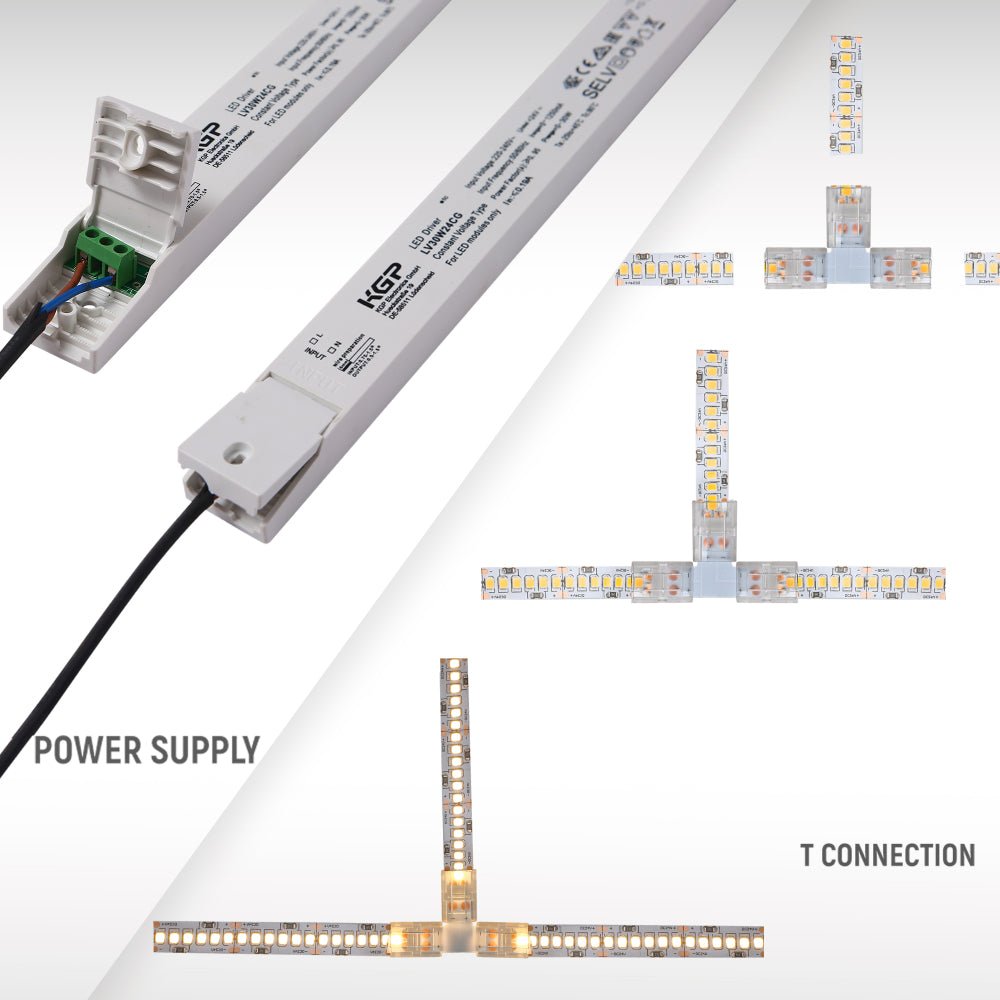 T connection of LED Strip Light 240pcs 2835 LED 15W 3A 24Vdc 10mm 5m IP20 3000K Warm White 4000K Cool White 6500K Cool Daylight | TEKLED 582-032727