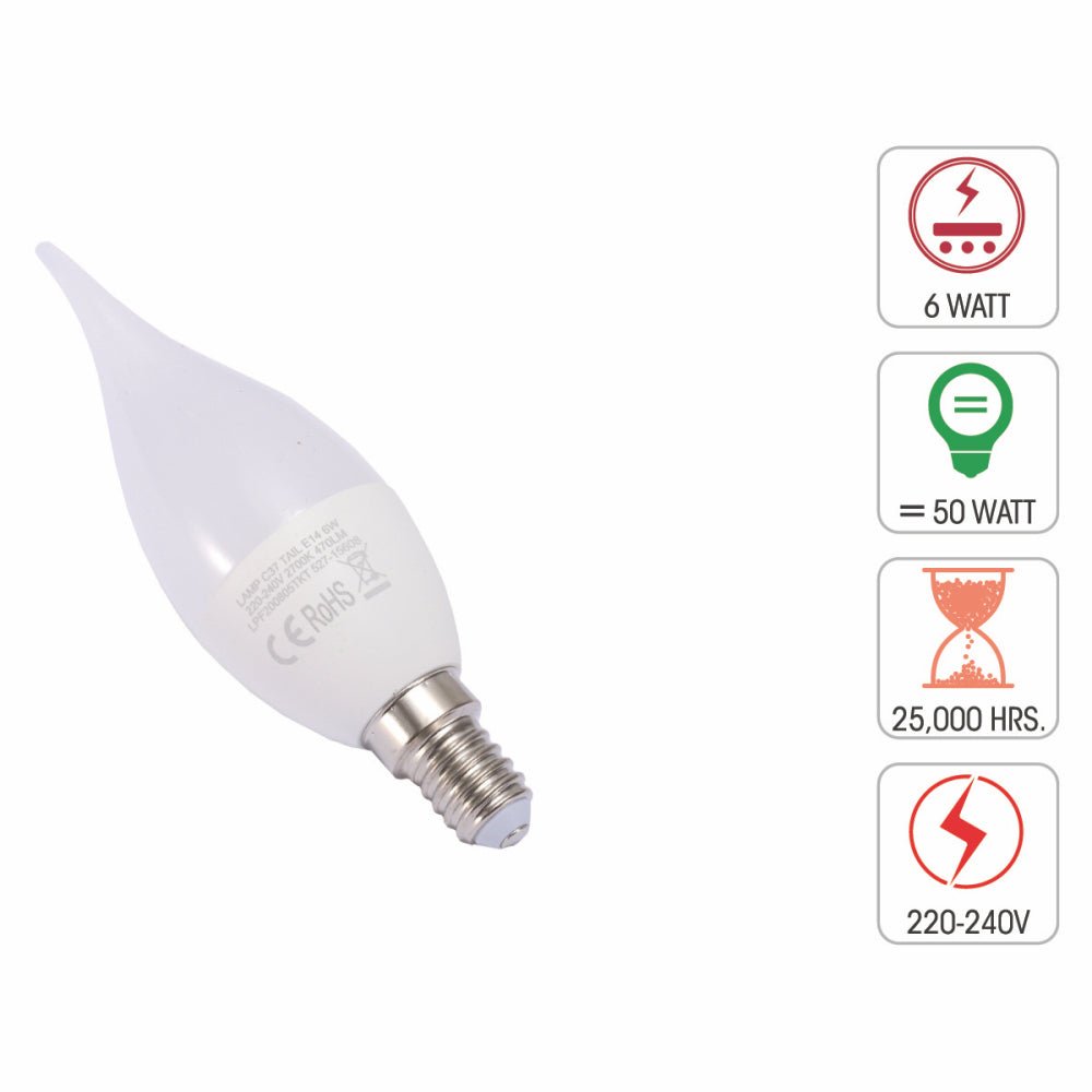 Technical specification of  pisces led candle bulb c37 tail e14 small edison screw 6w 2700k warm white pack of 6/10