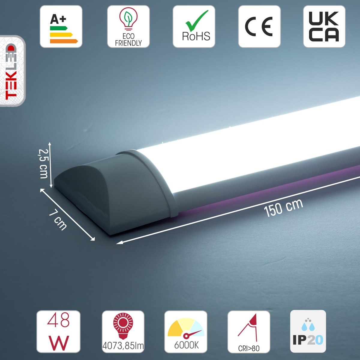 Technical specs and measurements for LED Surface Mounted Linear Fitting 48W 6500K Cool Daylight IP20 150cm 5ft