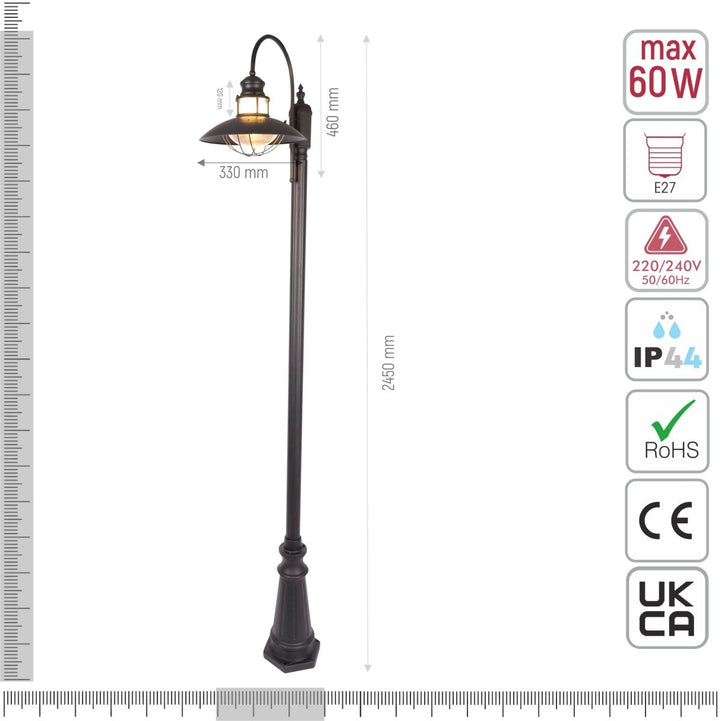 Technical specifications and measurements for Sunflower Post Top Lamp Matt Black Clear Glass E27 2.45M