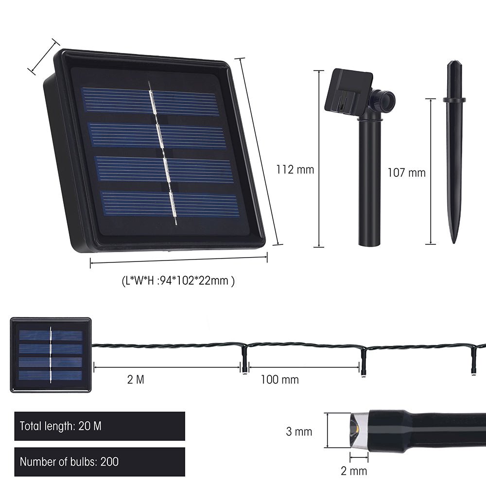 Contents and dimensions of Canopus Solar 200 LEDs 22m Warm White LED String Light