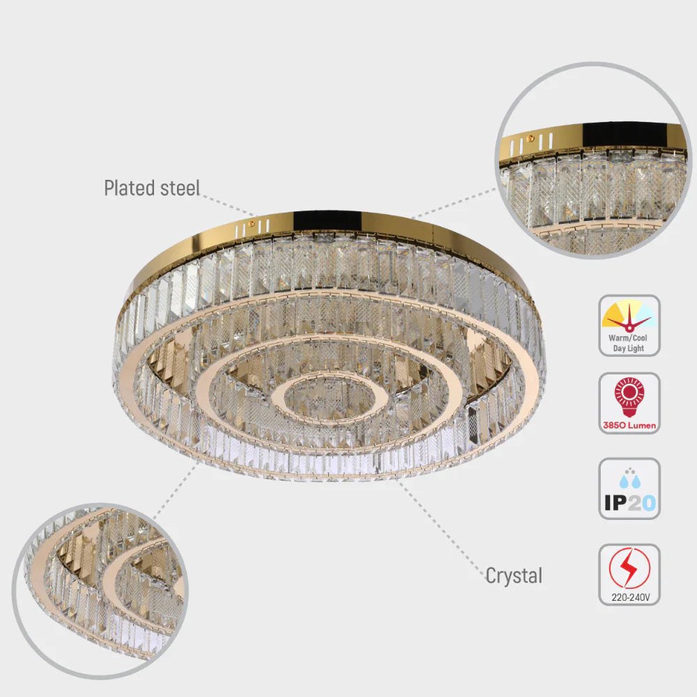 Triple Nested Ring Crystal Flush Ceiling Chandelier Light with Remote Control 3 Colour D600mm 6