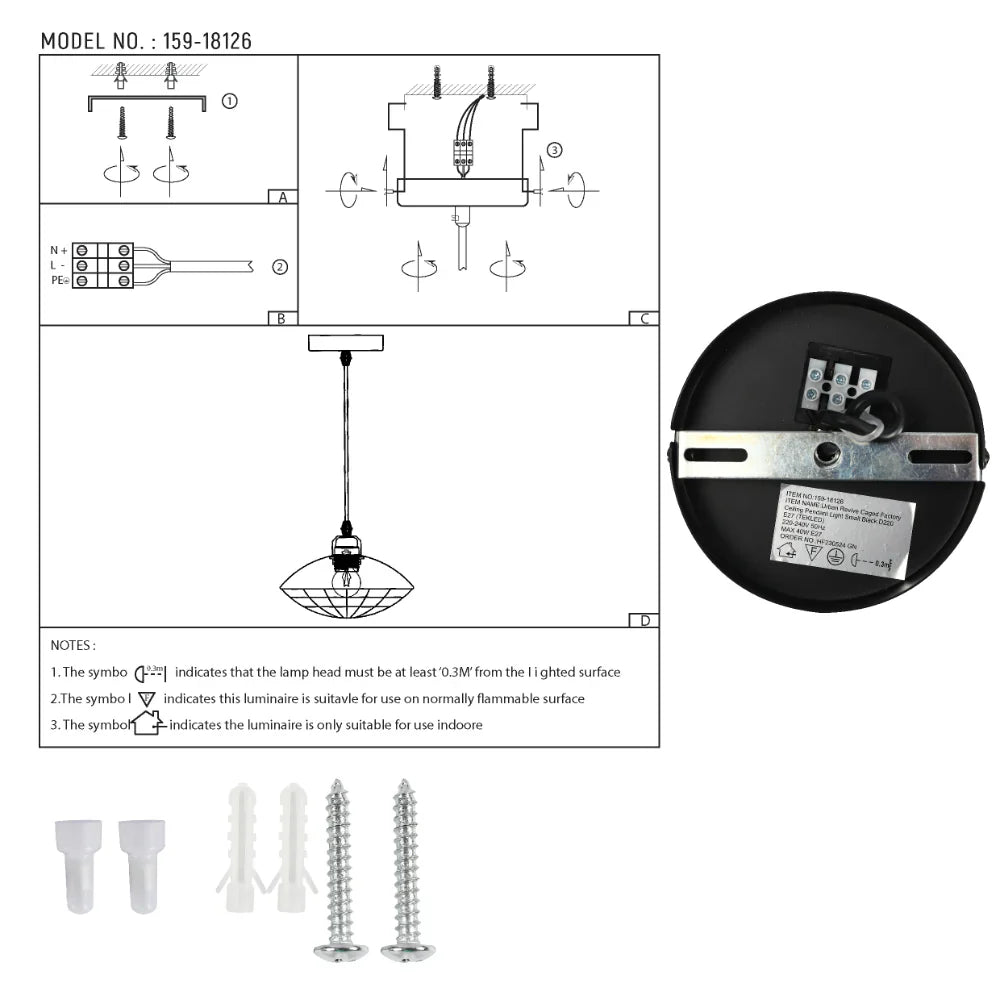 Urban Revive Caged Factory Ceiling Pendant Light Black 15