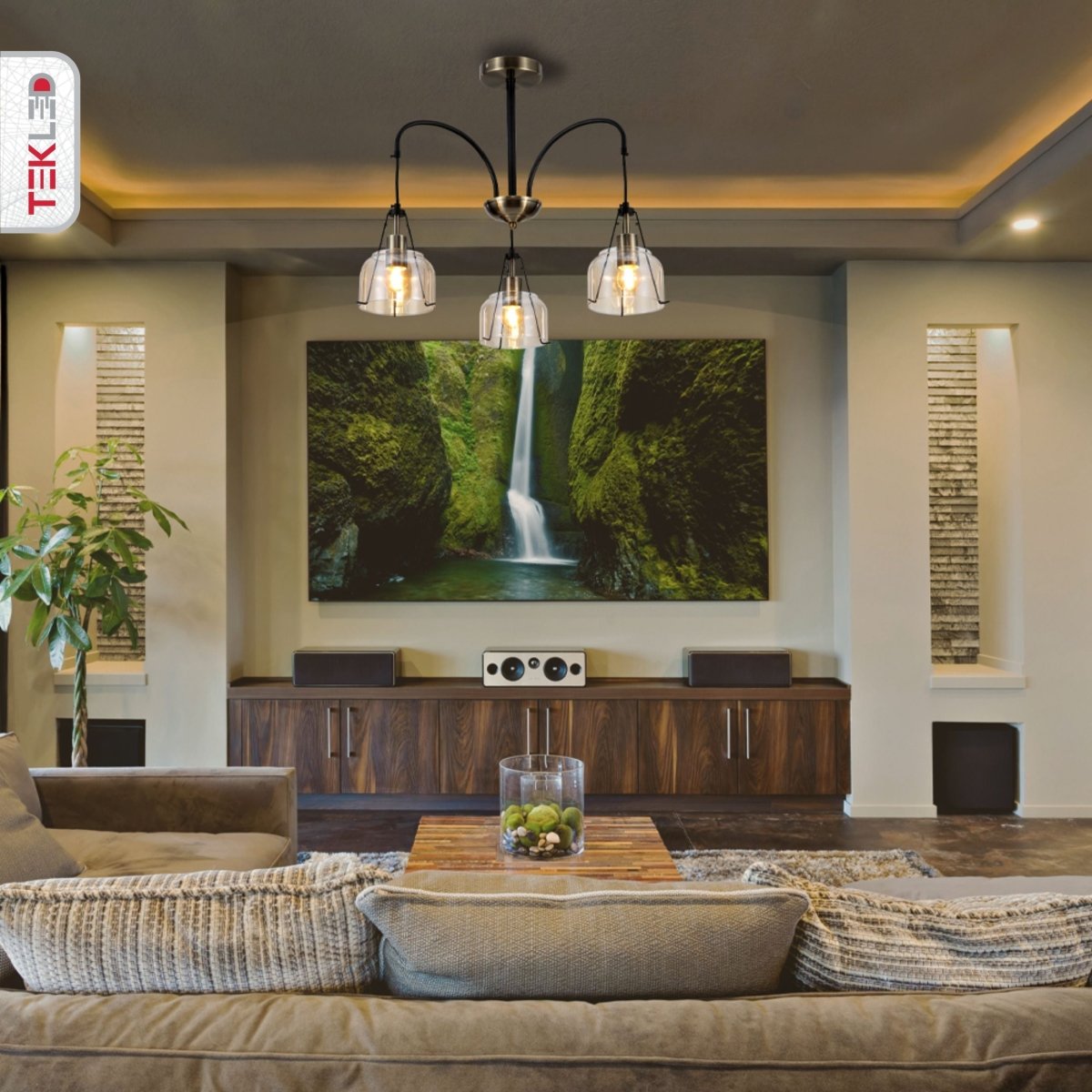 Amber Glass Black And Antique Brass Suspended Ceiling Light 3Xe27 in indoor setting living room