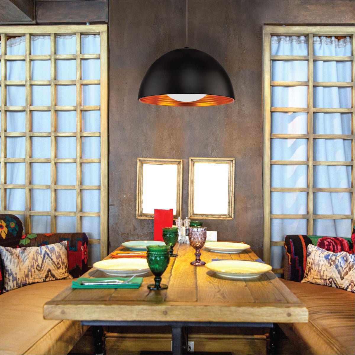 Interior application of Black-Golden Metal Dome Pendant Ceiling Light with E27 | TEKLED 150-15003