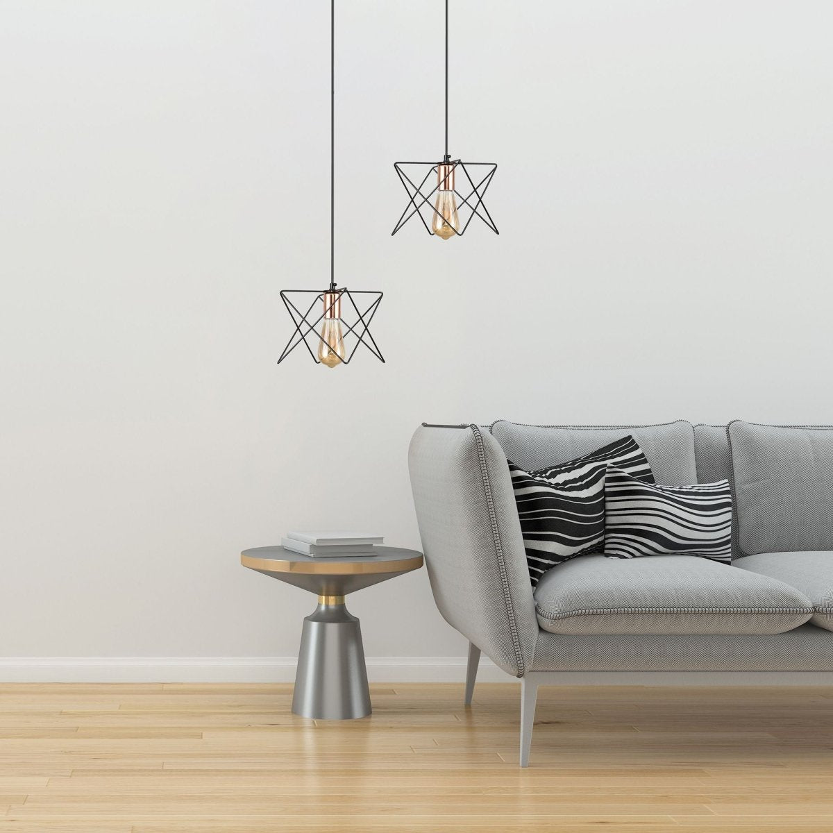 Black metal caged pendant light with e27 fitting in indoor setting living room