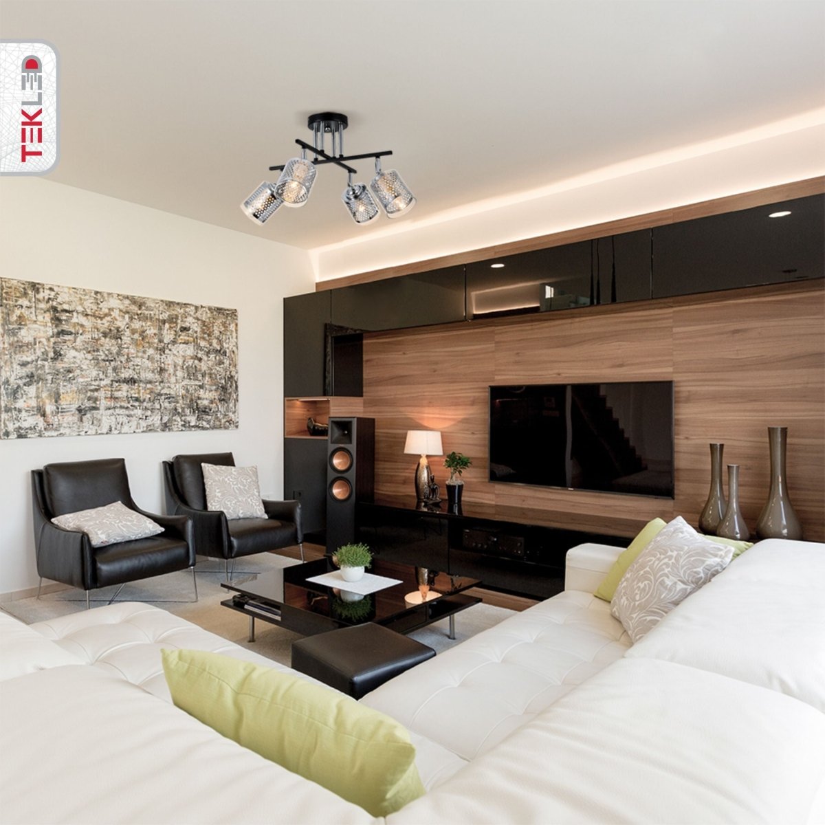 Chrome Honeycomb Black Chrome Body Semi Flush Ceiling Light 4Xe14 in indoor setting living room tea table top