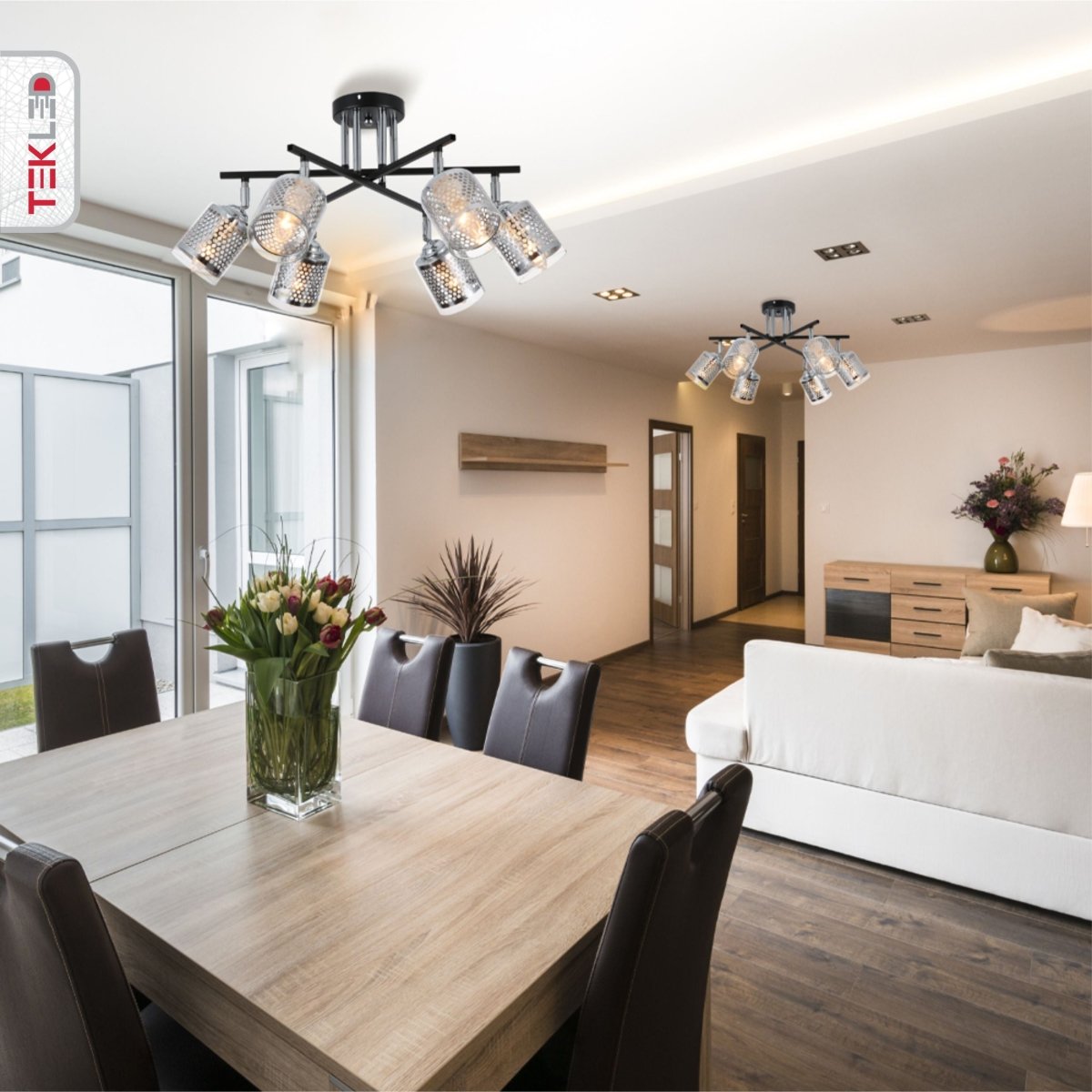 Chrome Honeycomb Black Chrome Body Semi Flush Ceiling Light 6Xe14 in indoor setting dining table top