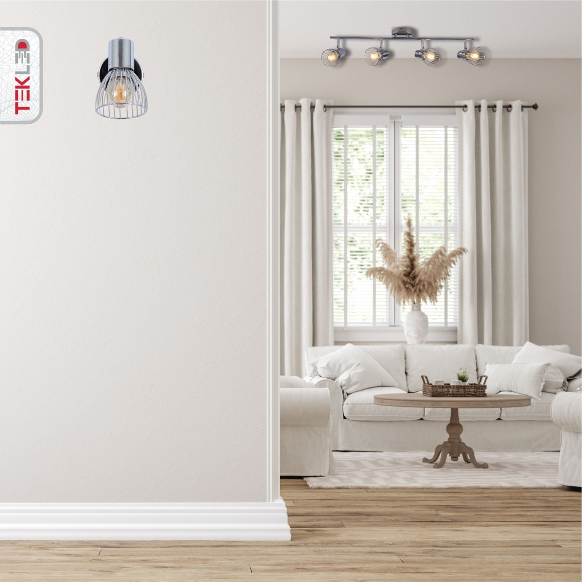 Silver Cage Chrome Body Semi Flush Ceiling Light 4Xe14 in indoor setting living room usage