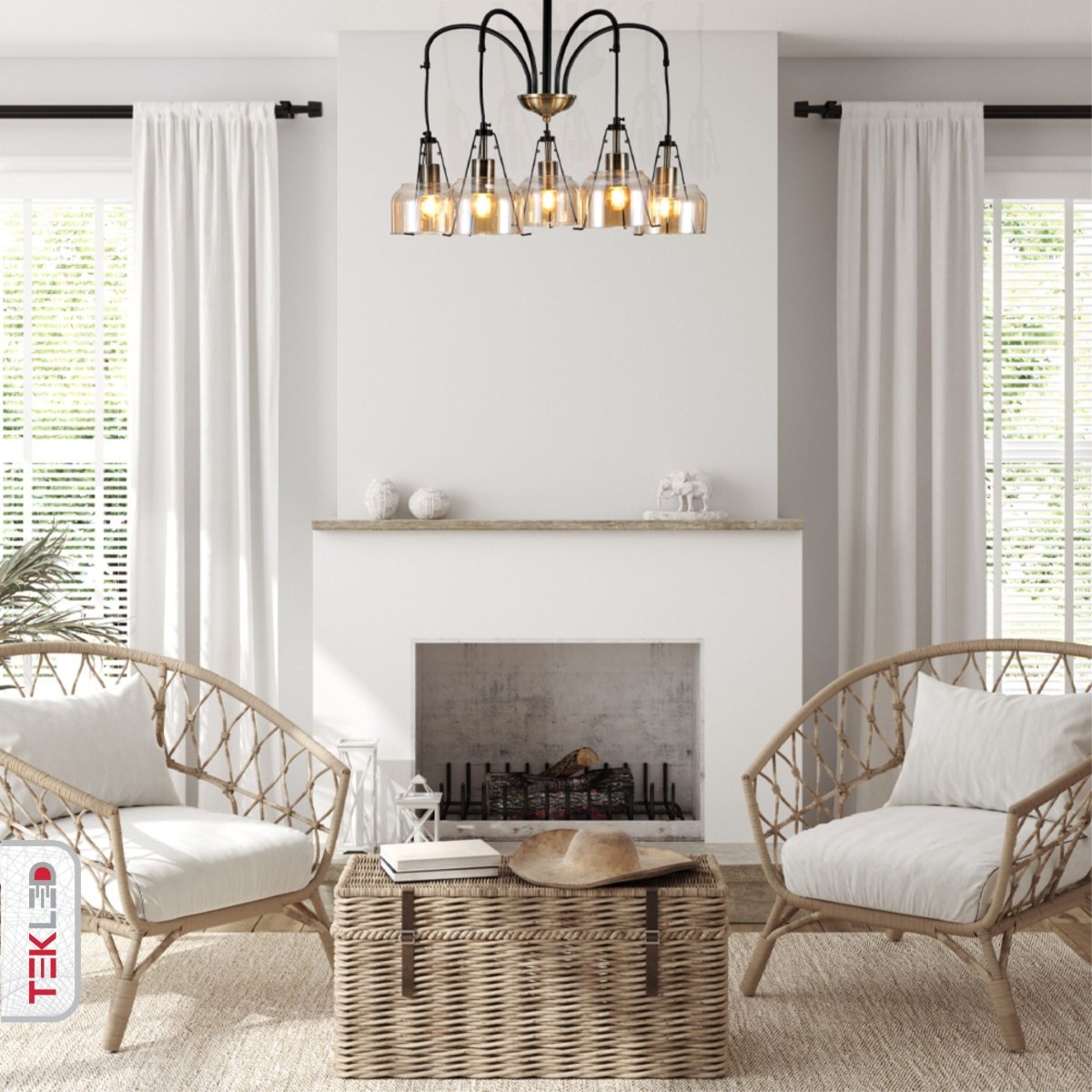 Amber Glass Black And Antique Brass Suspended Ceiling Light 5Xe27 in indoor setting tea coffee table top