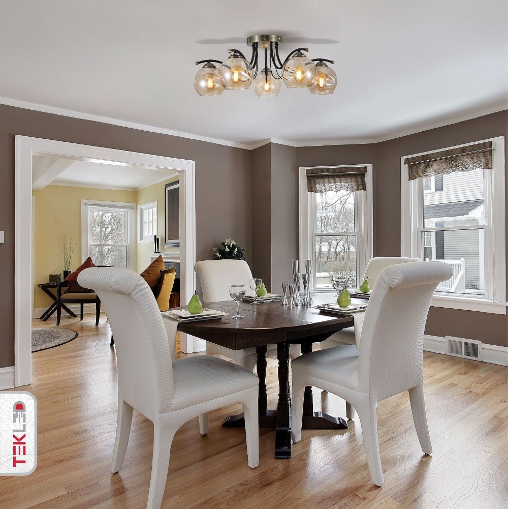 Amber Glass Dome Black And Antique Brass Metal Semi Flush Ceiling Light 5Xe27 in indoor dining room