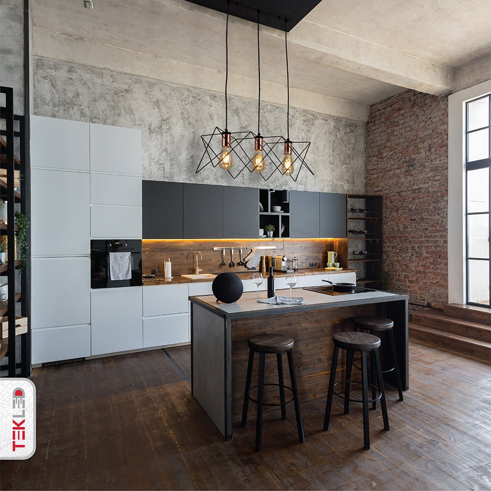 Black metal caged island chandelier with 3xe27 fitting in indoor setting kitchen island top