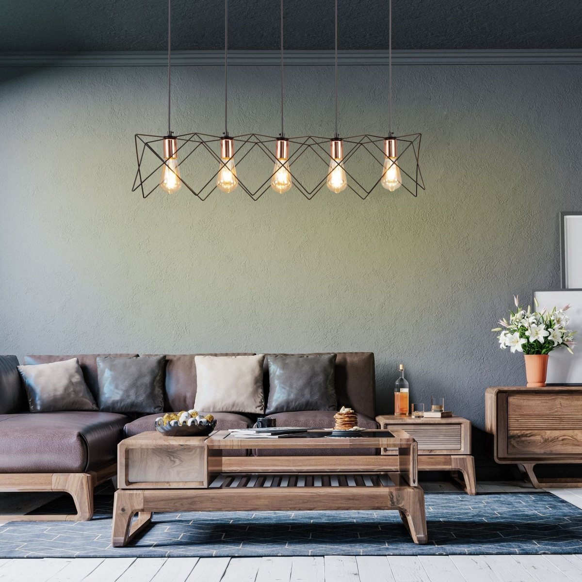 Black metal caged island chandelier with 5xe27 fitting in indoor setting living room usage