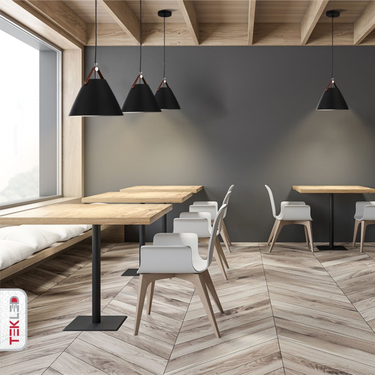 Black White Metal Funnel Pendant Light Small E27 in indoor setting cafe table top