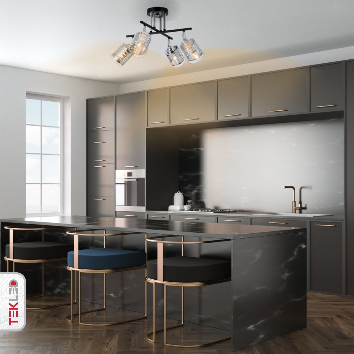 Chrome Honeycomb Black Chrome Body Semi Flush Ceiling Light 4Xe14 in indoor setting kitchen