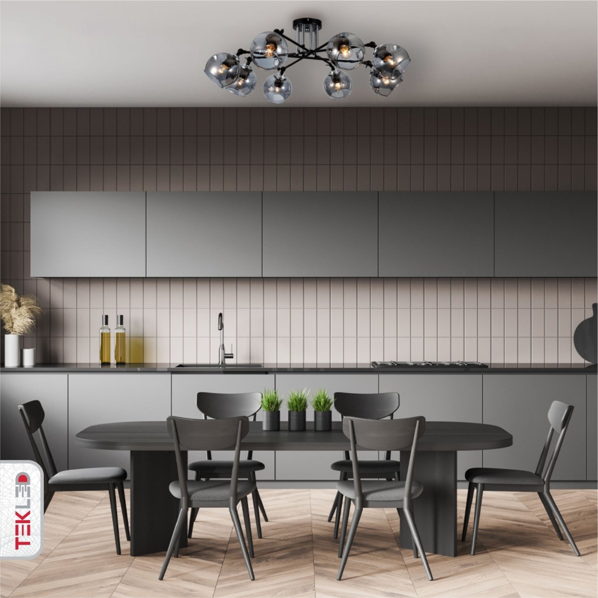 Smoky Glass Black And Chrome Semi Flush Ceiling Light 8Xe27 in indoor setting kitchen