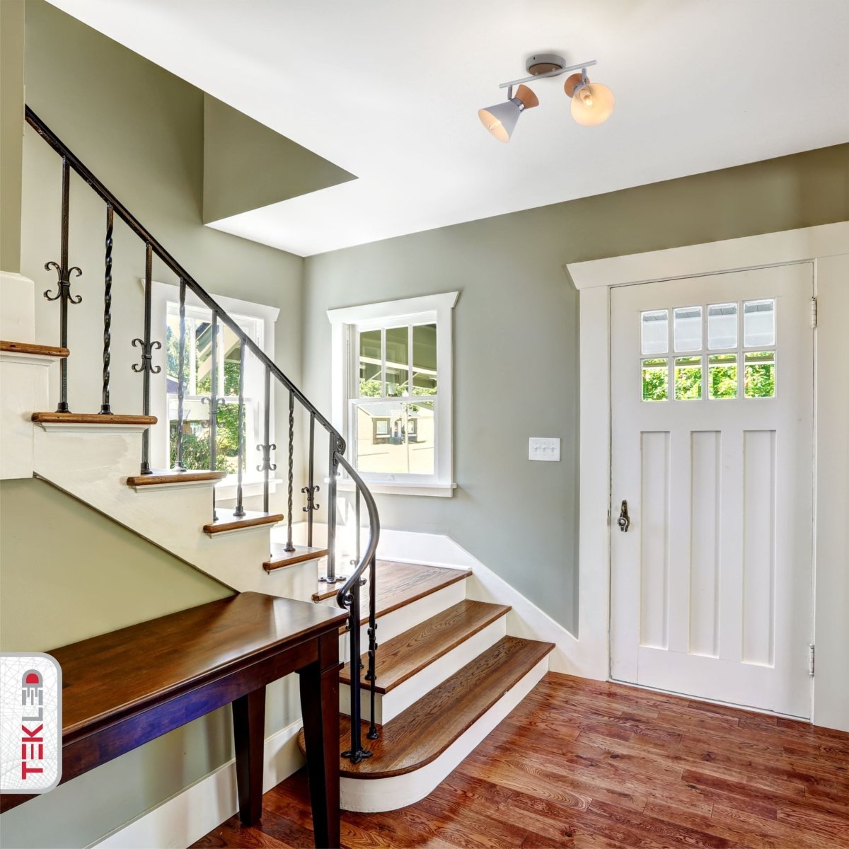 White Metal Wood Funnel Semi Flush Ceiling Light 2Xe14 in indoor setting