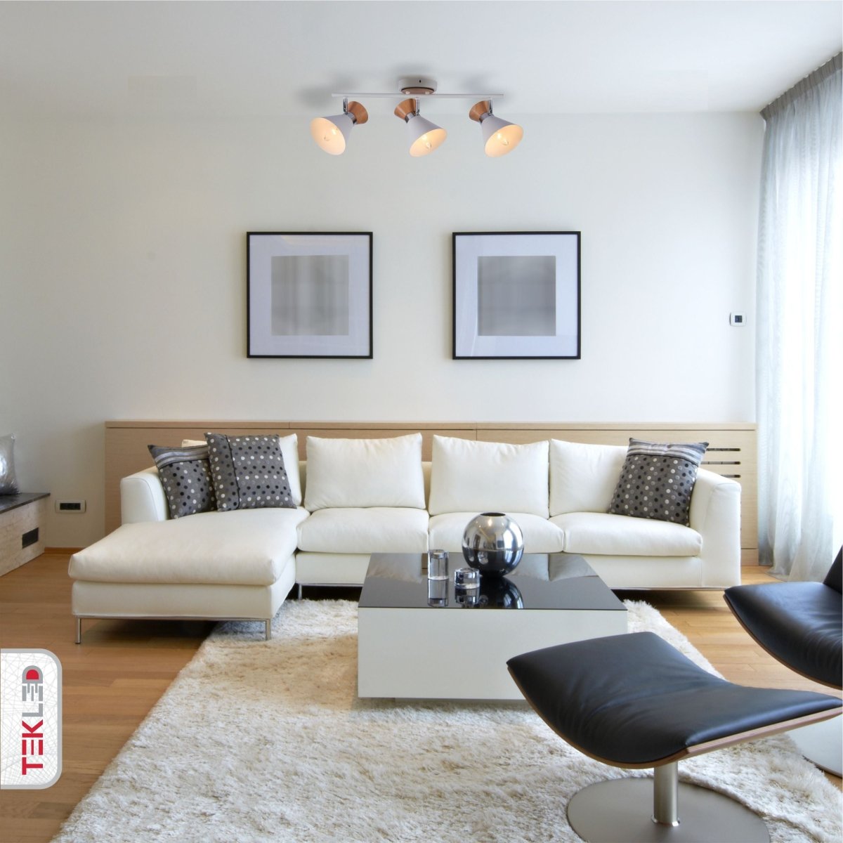 White Metal Wood Funnel Semi Flush Ceiling Light 3Xe14 in indoor setting living room usage