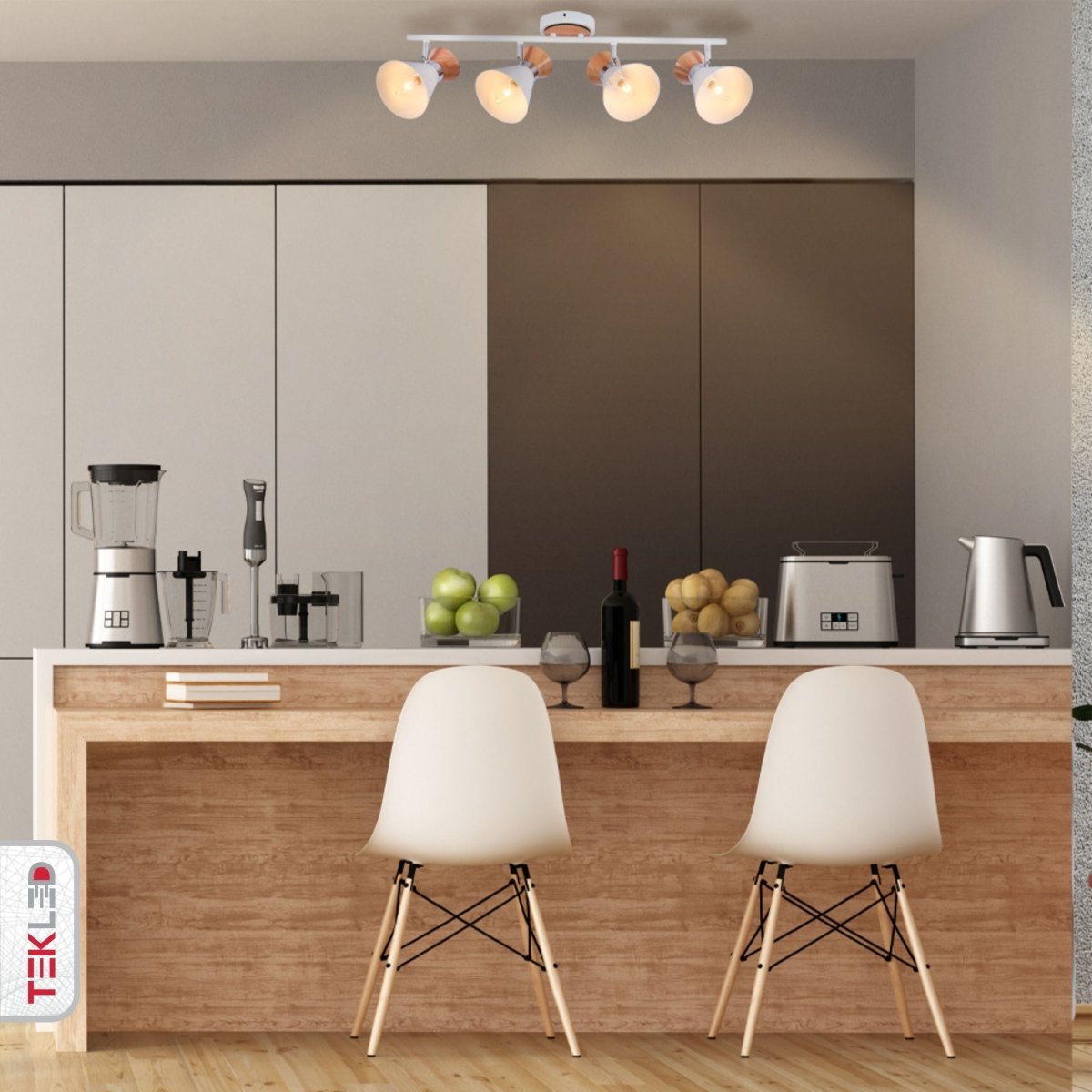 White Metal Wood Funnel Semi Flush Ceiling Light 4Xe14 in indoor setting