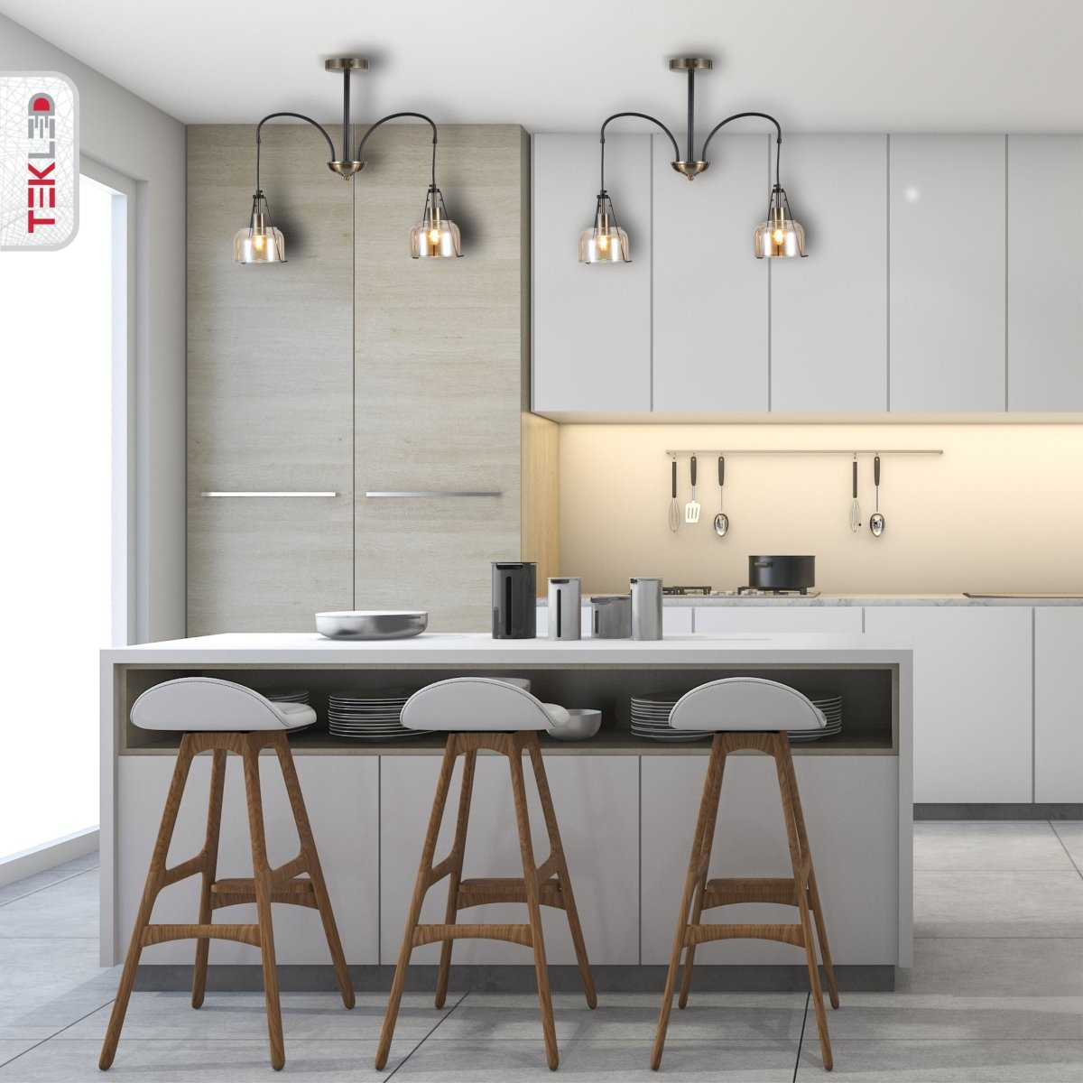 Amber Glass Black And Antique Brass Suspended Ceiling Light 2Xe27 in indoor setting kitchen island top