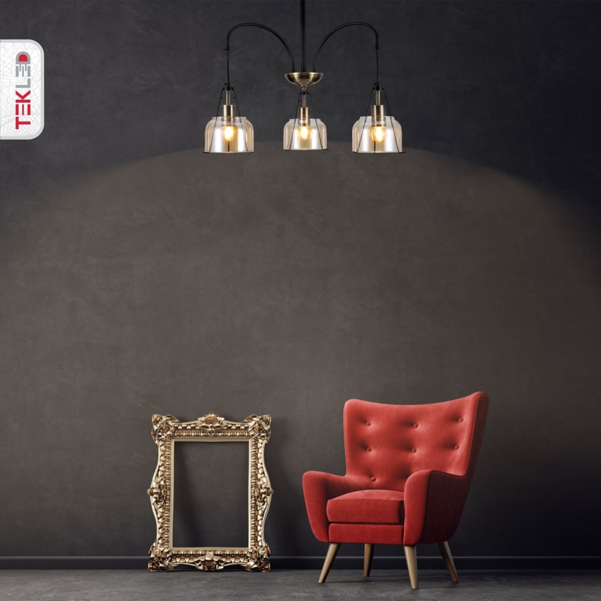 Amber Glass Black And Antique Brass Suspended Ceiling Light 3Xe27 in indoor setting living room lobby