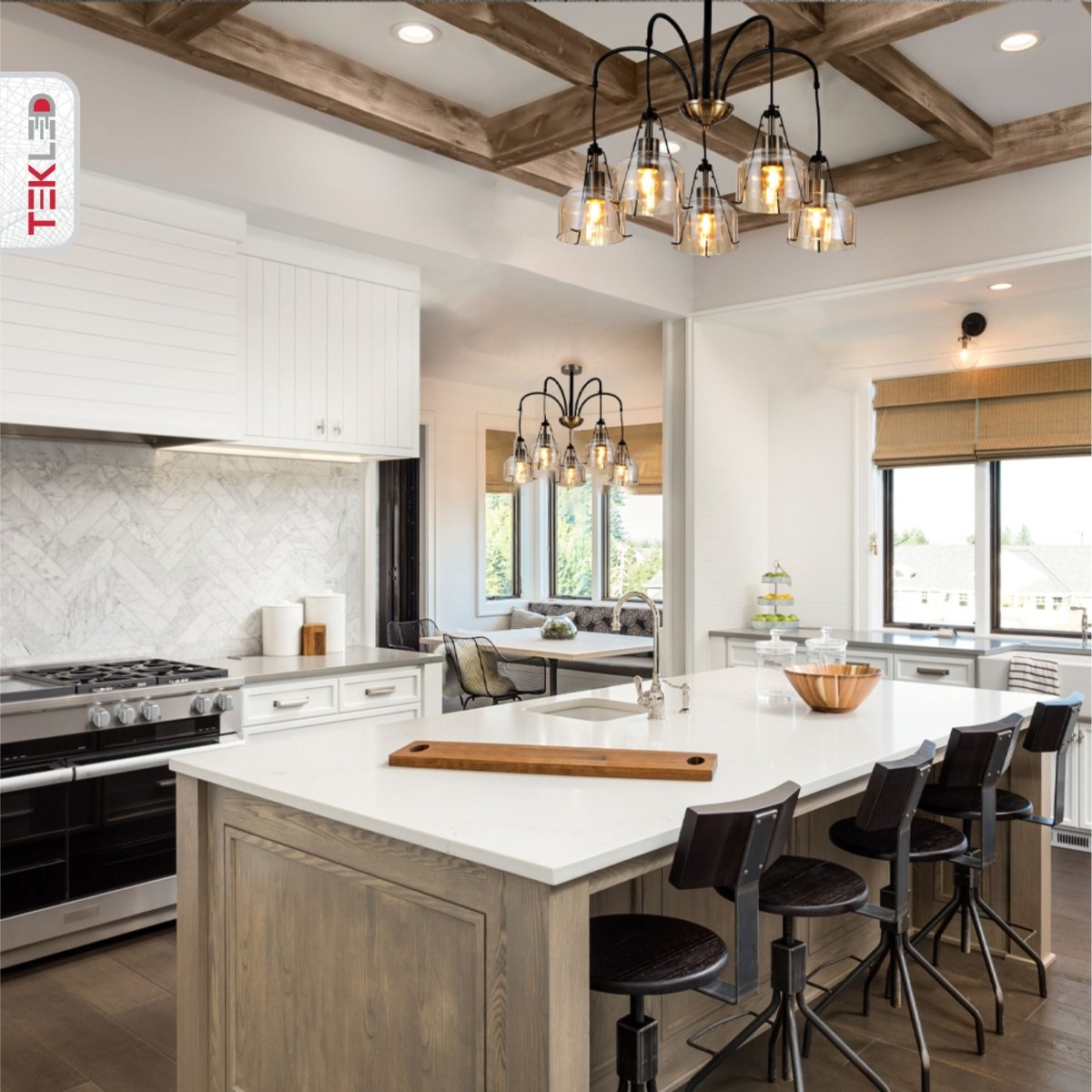 Amber Glass Black And Antique Brass Suspended Ceiling Light 5Xe27 in indoor setting kitchen island top