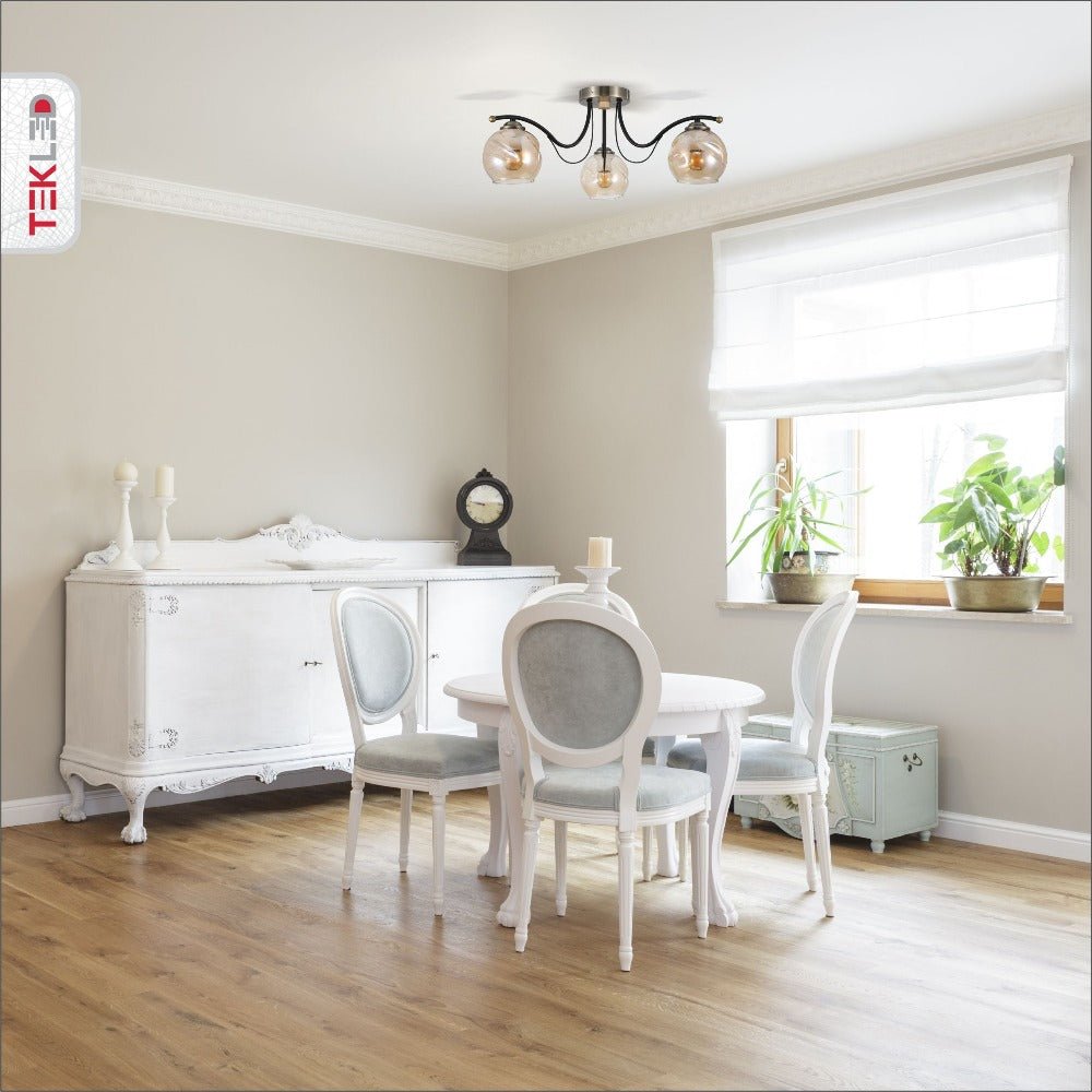 Amber Glass Dome Black And Antique Brass Metal Semi Flush Ceiling Light 3Xe27 in indoor setting living room coffee tea table top