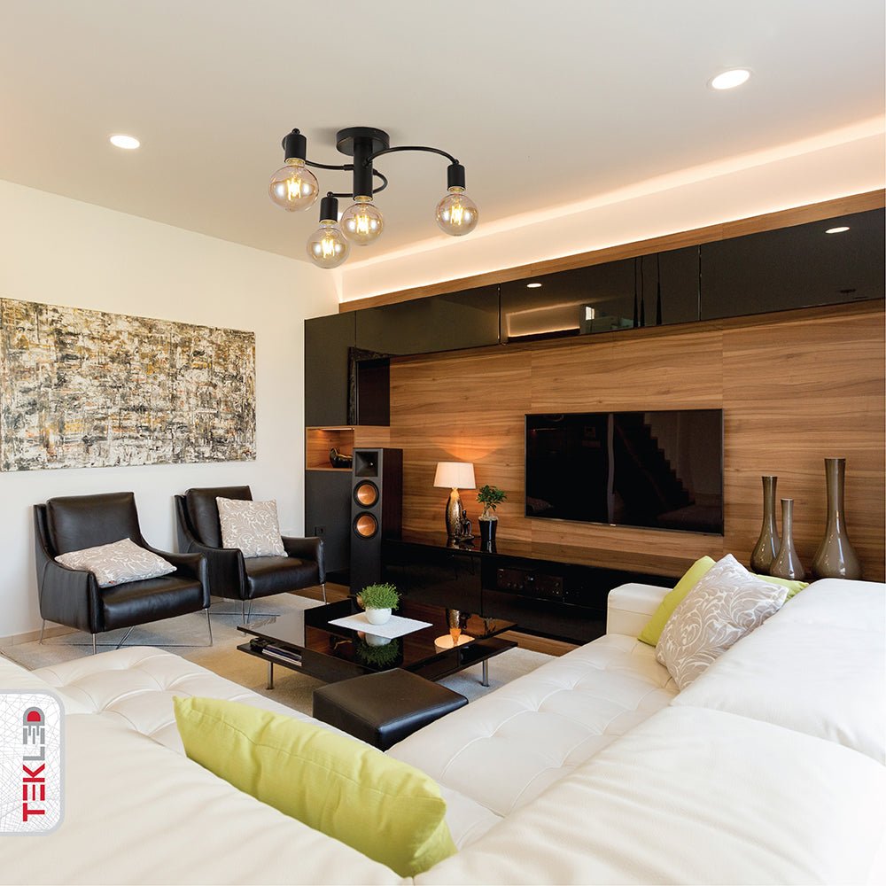 Black metal ceiling light with 4xe27 fitting in indoor setting living room lobby