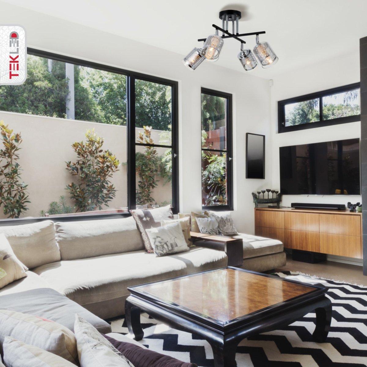 Chrome Honeycomb Black Chrome Body Semi Flush Ceiling Light 4Xe14 in indoor setting living room