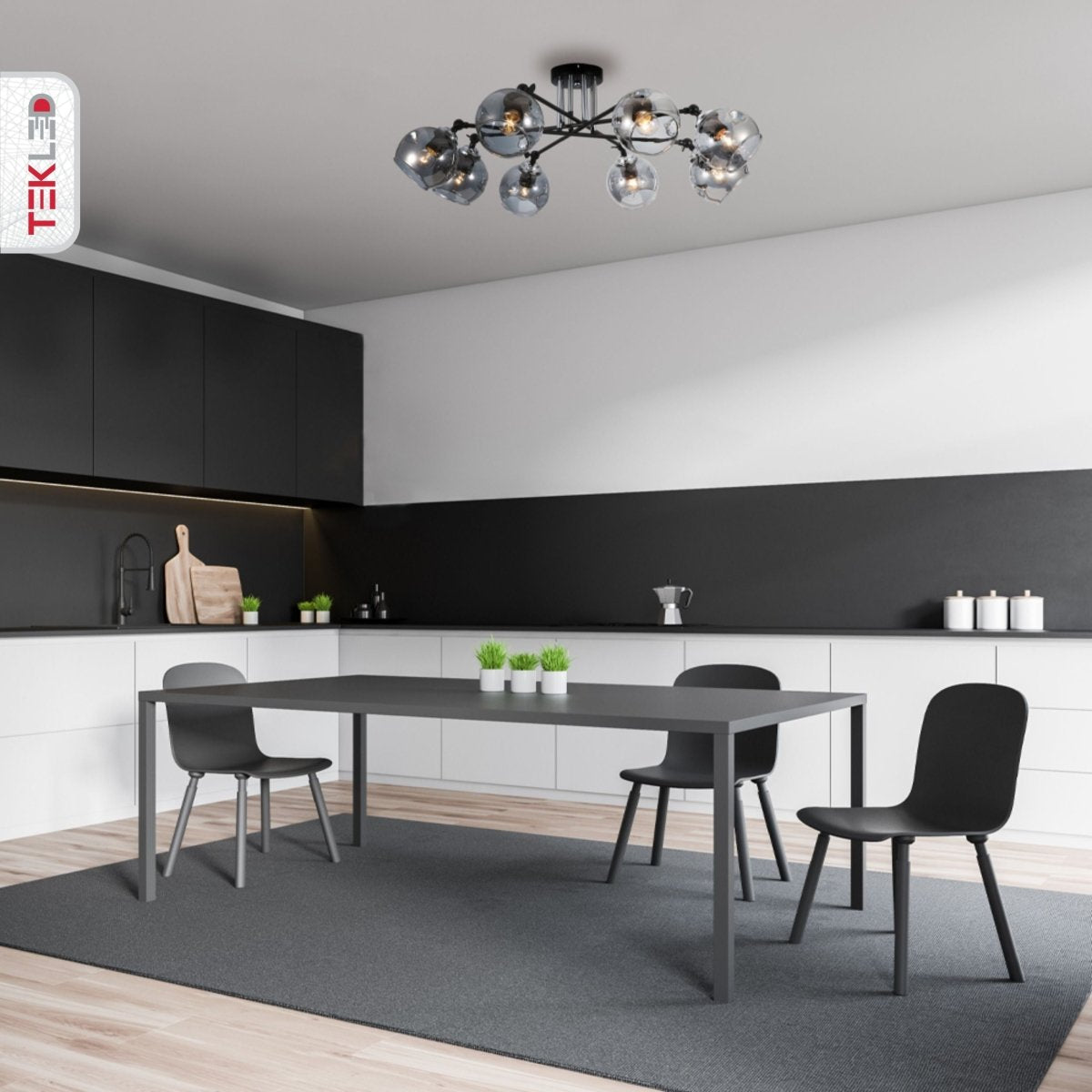 Smoky Glass Black And Chrome Semi Flush Ceiling Light 8Xe27 in indoor setting kitchen dining table top