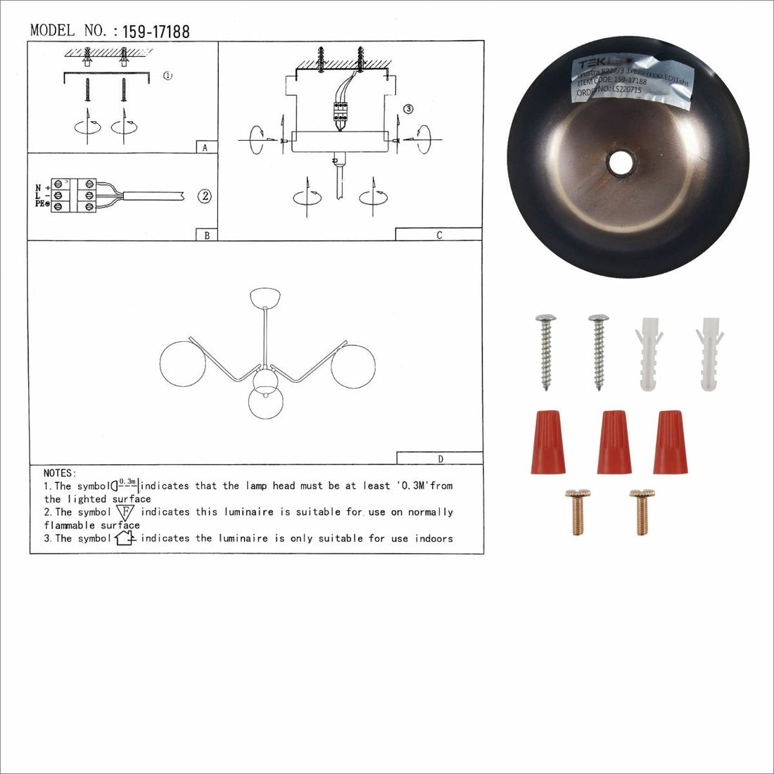 User manual for Amber Cone Glass Antique Brass Metal Spider Semi Flush Ceiling Light | TEKLED 159-17188
