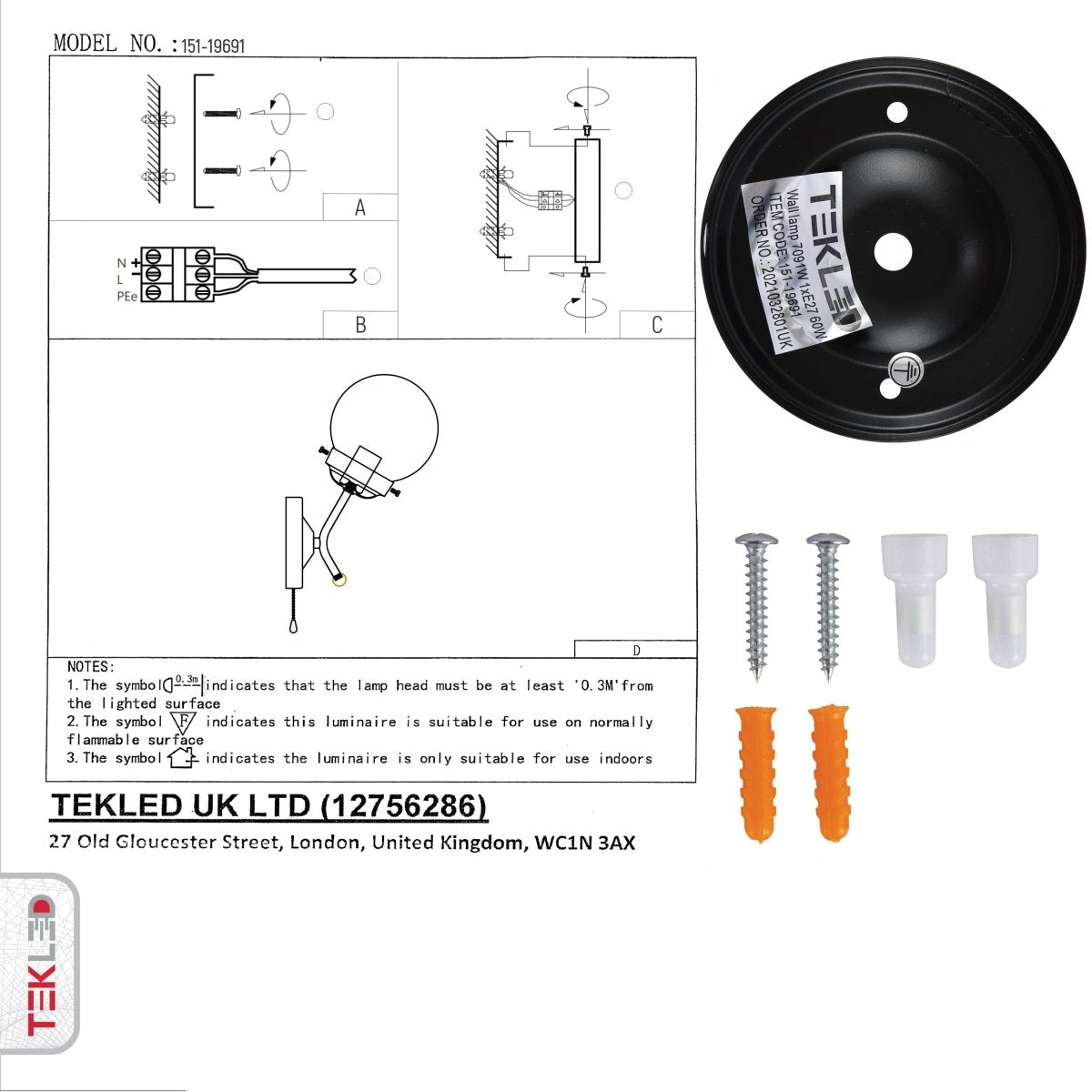 User manual and box content of amber glass antique brass and black globe wall light e27 and pull down switch
