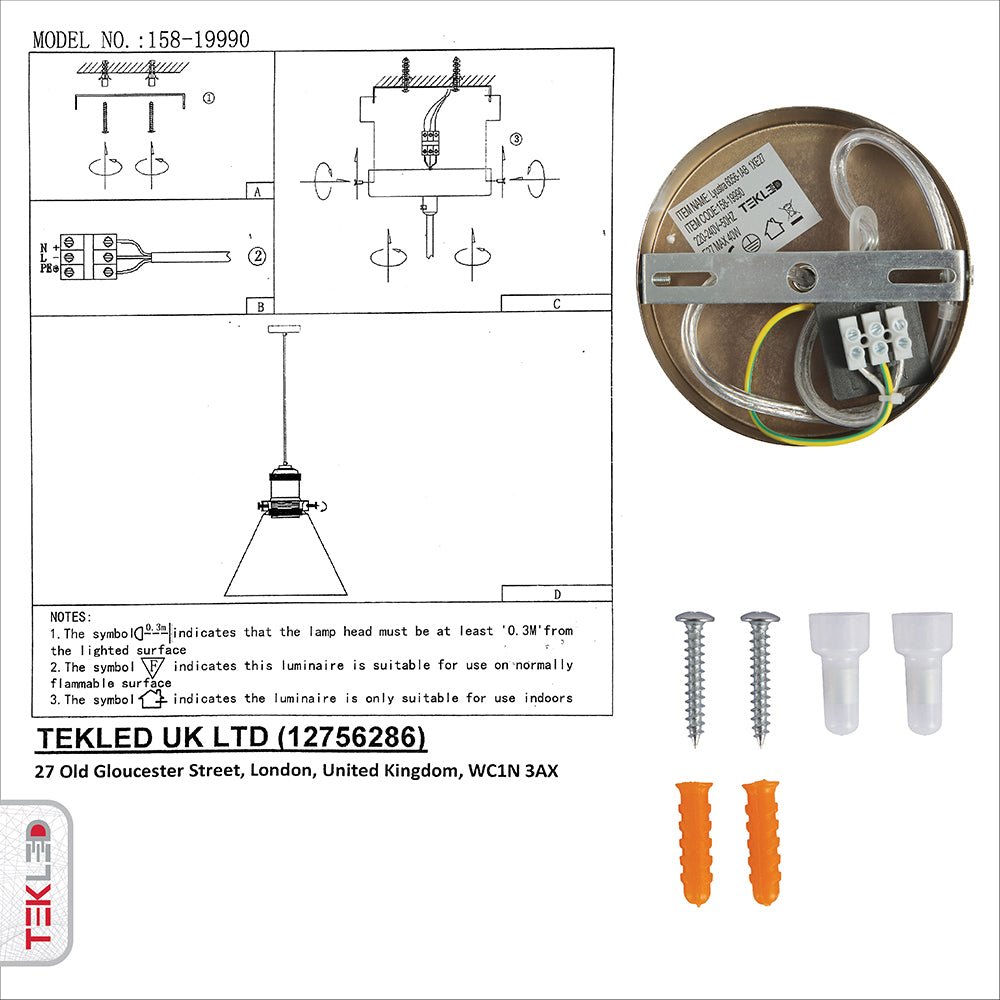 User manual and box content of antique brass metal clear glass funnel pendant light with e27 fitting
